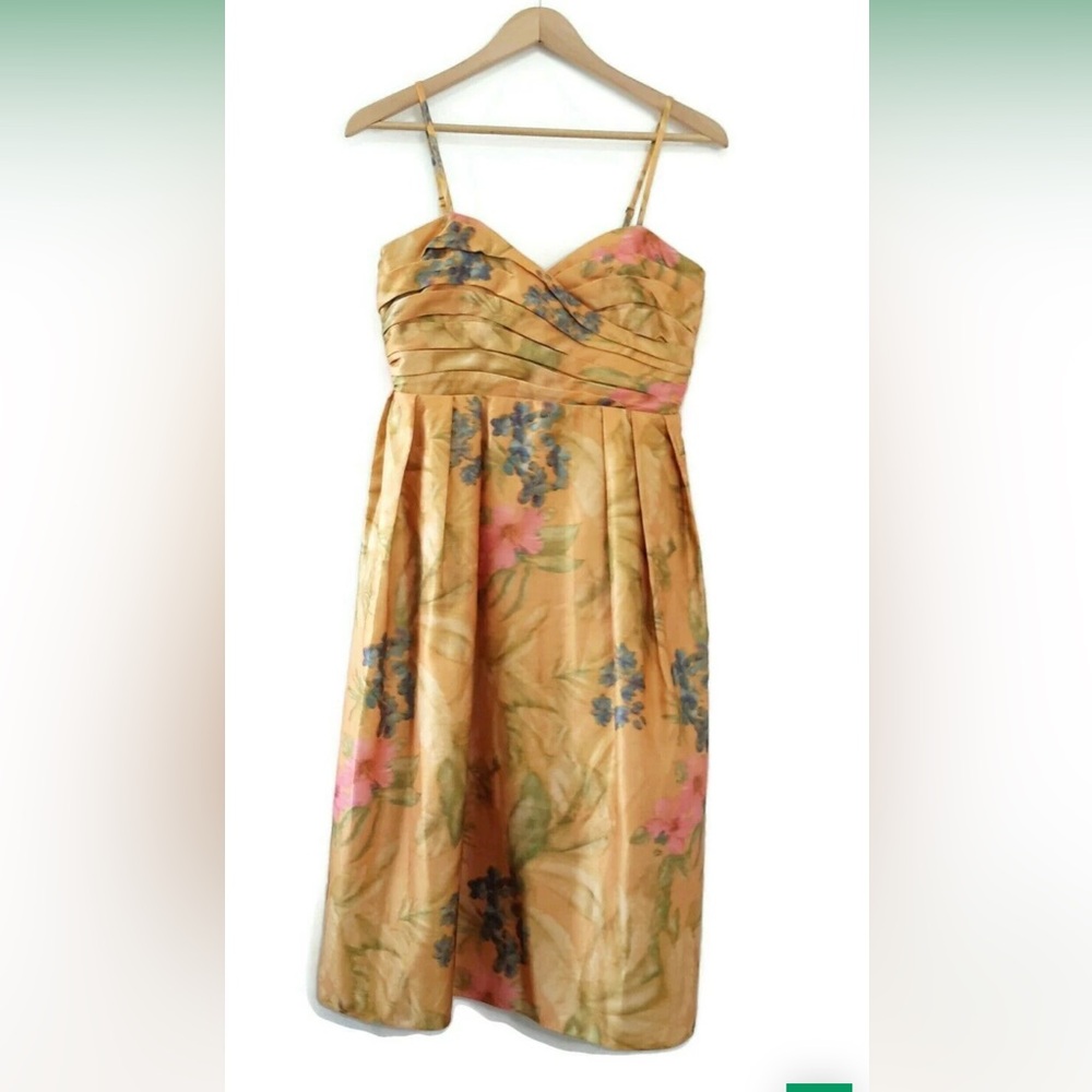 Anthropologie Tan and Blue Sundress Sweetheart Neckline